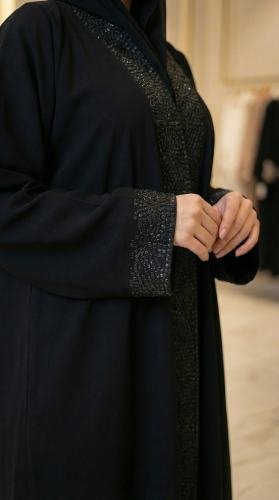 Royal crepe fabric abaya with embroidery, full collar, and sleeves