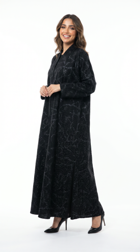 Soft crepe abaya with silver embellishments and embroidery all over the abaya