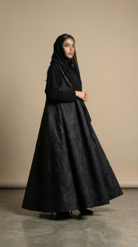 Luxurious Indian Jacquard Abaya with crepe sleeves and collar, royal story, flared cut