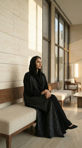 Luxurious Indian Jacquard Abaya with crepe sleeves and collar, royal story, flared cut