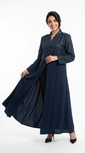 Turquoise-colored blazer abaya with embroidery and embellishment on the upper part and sleeves