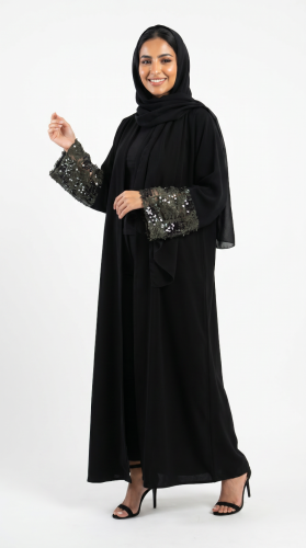 Japanese crepe abaya with oil-based paint on the sleeves