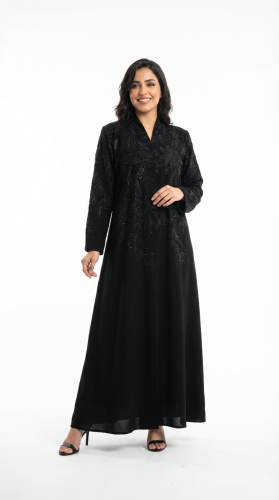 Black royal crepe abaya with black tulle sleeves