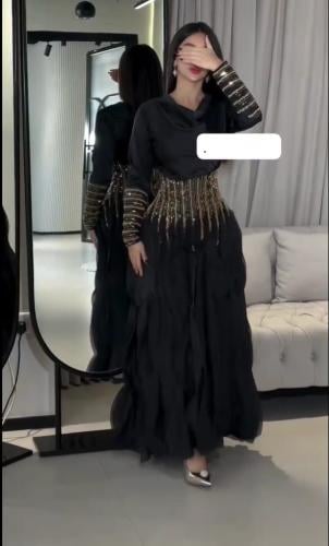 فستان اسود مموج علا تطريز بالخصر واطراف اليدين /Ma...