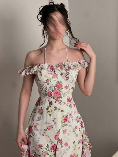 فستان سهره شيفون مشجّر بطانه باربي ناعمه من miar f...