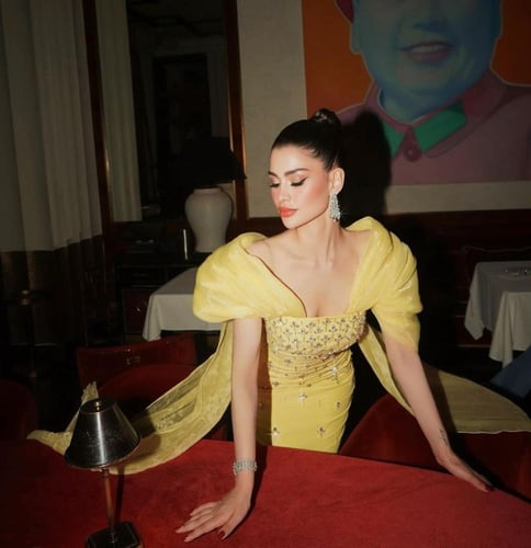 فستان غزال لمونى مطرز /Mair Fashion