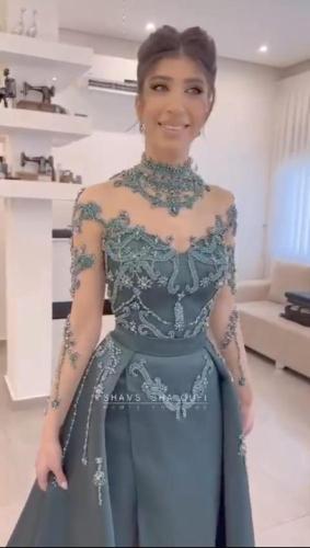 فستان سهره أخضر داكن مطرز