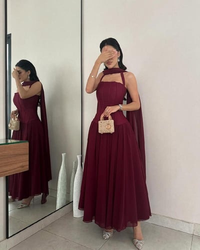 فستان برغندي شيفون علا شال /Mair Fashion