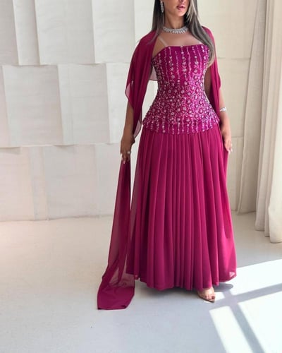 فستان فوشي شيفون جورجيت كلفه تطريز من Mair Fashion