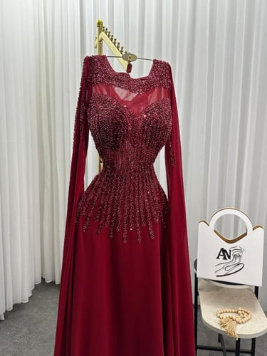 فستان أحمر شيفون تطريز خرز راقي / Mair Fashion