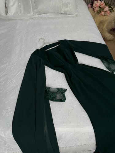 فستان ناعم زيتي كريب استرتش كم دانتيل /Mair Fashio...