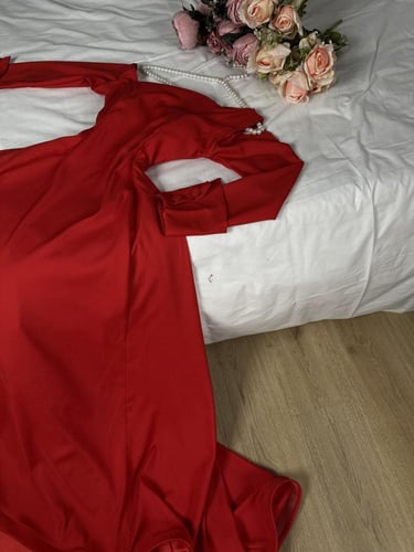فستان ناعم أحمر تفتة بأكمام /Mair Fashion