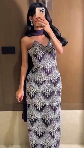 فستان سهره خرز بطانه باربي شال شيفون ملكي من miar...