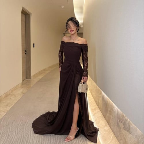 فستان بني شيفون مبطن دانتيل راقي /Mair Fashion