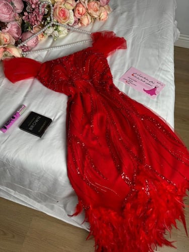 فستان سهرة أحمر كلفة ترتر كمبيوتر ريش /Mair Fashio...