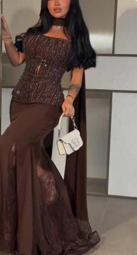 فستان سهره بني مطرز بخرز فاااخر علا دانتيل من miar...