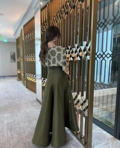 فستان سهره زيتوني ميكادو صدر كلفة /Mair Fashion