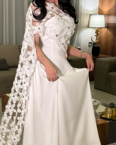 فستان أبيض شال تطريز ورود /Mair Fashion