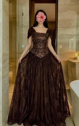 فستان سهره موكا دانتيل ناعم مع صدريه كلفه فاخره مم miar Fashion