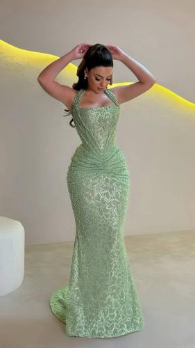 فستان سهرة باللون الزيتي /Mair Fashion