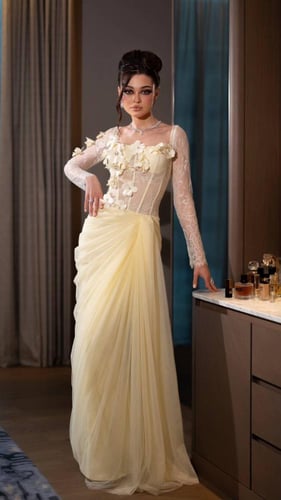 فستان ليموني تفته استرتش دانتيل ورود مطرزه جميله /...