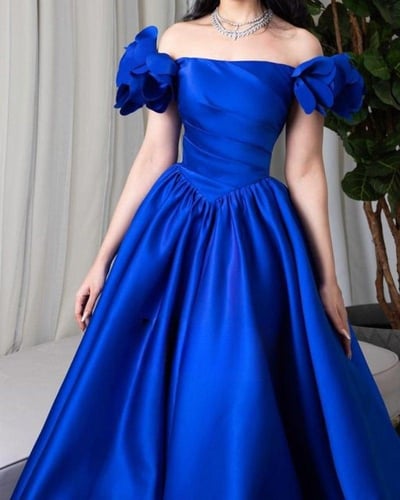 فستان سهرة نيلي كتف ورد /Mair Fashion