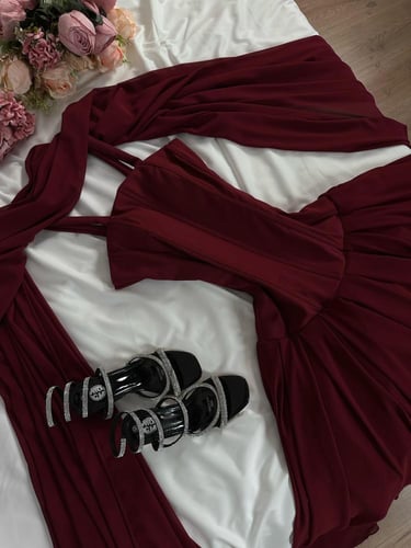 فستان برغندي شيفون علا شال /Mair Fashion