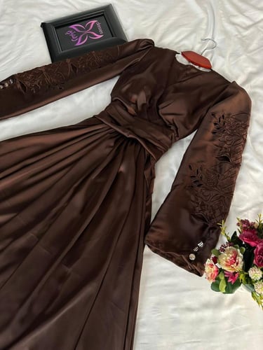 فستان بني حرير ميد /Mair Fashion