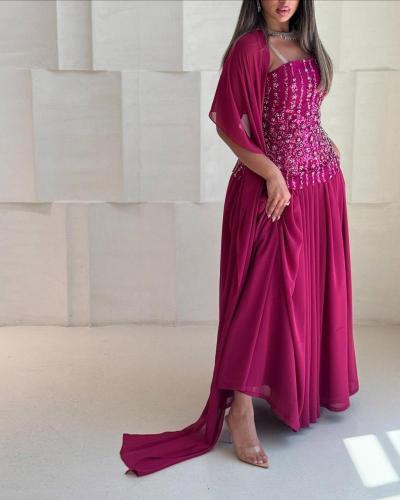 فستان فوشي شيفون جورجيت كلفه تطريز من Mair Fashion