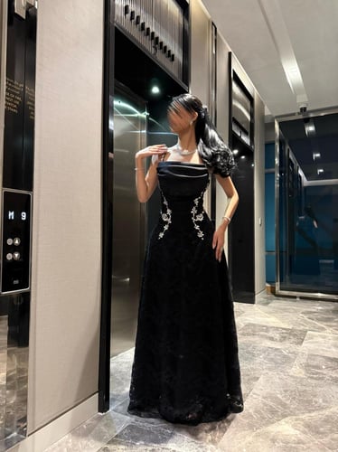 فستان سهره أسود من قماش الدانتيل والباربي الفاخر م...