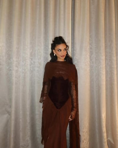 فستان بني راقي باربي علا دانتيل مشجر /Mair Fashion