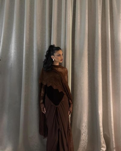 فستان بني راقي باربي علا دانتيل مشجر /Mair Fashion