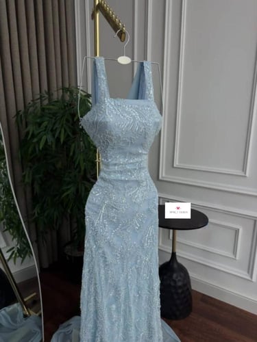 فستان سهره سماوي دانتيل كلفه تطريز ذيل كلوش راقي