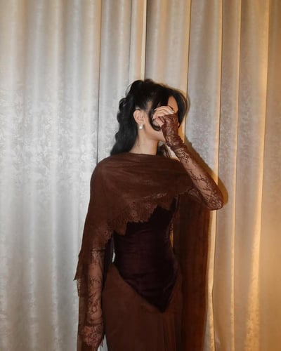 فستان بني راقي باربي علا دانتيل مشجر /Mair Fashion