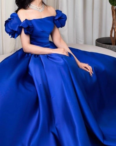 فستان سهرة نيلي كتف ورد /Mair Fashion