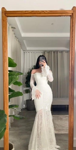 فستان أبيض دانتيل قصه سمكه راقي /Mair Fashion