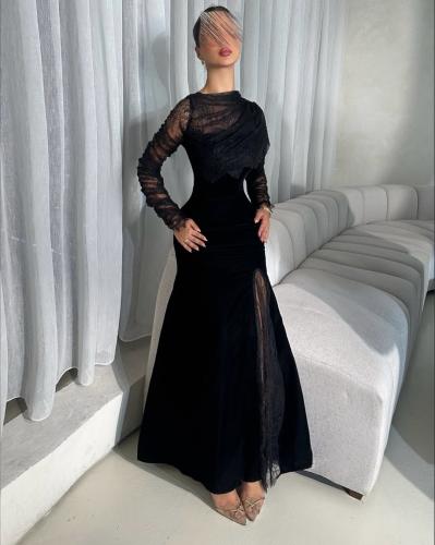 فستان ترف بتصميم فاخر من قماش المخمل الممزوج بالدا...