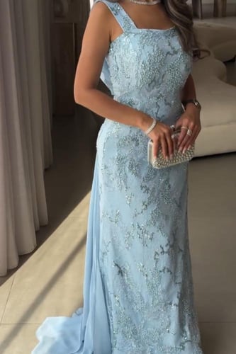 فستان سهره سماوي دانتيل كلفه تطريز ذيل كلوش راقي