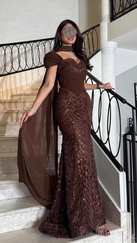 فستان سهره بني باربي مع قماش سهره من Miar Fashion