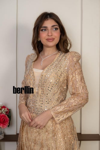 فستان سهرة شامبين فاخر بتطريز شك كامل وقصة اكستنشن...