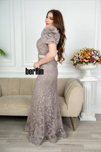 فستان سهرة طويل تل مطرز بستايل أكمام بف منفوخ لون...