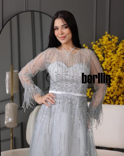 فستان سهره مزين بالريش والفصوص بأكمام مميزة بالريش...