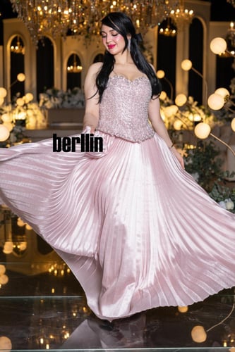 فستان سهرة وردي فاتح بتصميم أنيق مطرّز بالكريستال...