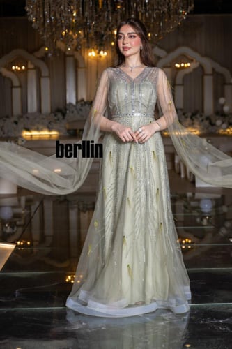 فستان سهرة همس الميموزا بكاب تول ساحر وتطريز فضي م...