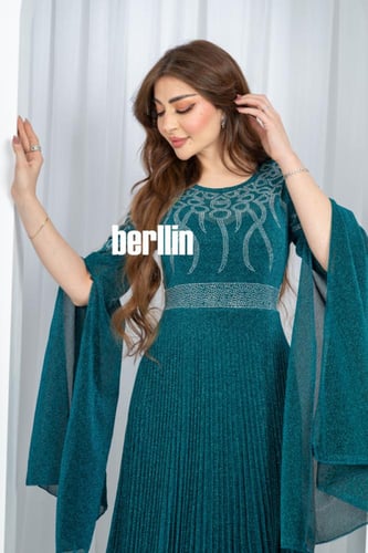 فستان سهرة فيروزي مطوي بالكامل بحزام لامع وأكمام ف...