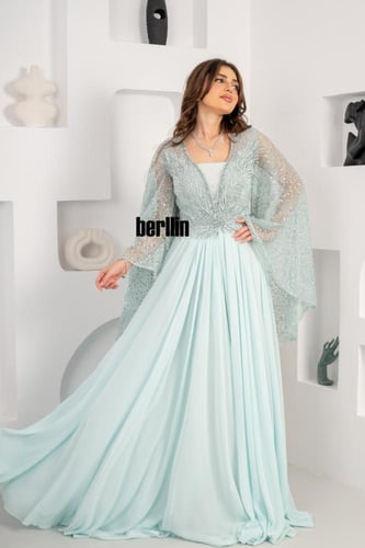 فستان سهرة طويل بليسية اوف شولدر مطرز لون تيفاني