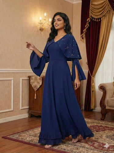 فستان سهرة "نايت ستار" كحلي ملكي كريب فاخر بوشاح ك...