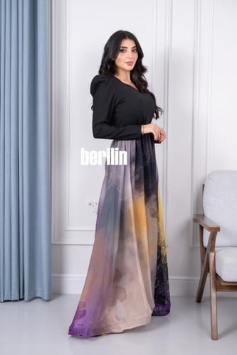 فستان ناعم مشجر مميز بنقشات انيقة وجذابة لون اسود