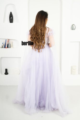 فستان سهره تول مطرز مميز بالريش لون بنفسجي