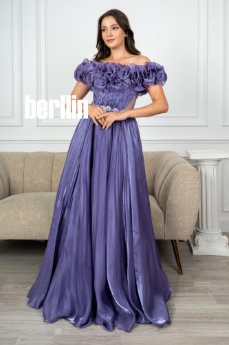 فستان سهرة طويل بتطريز ورد فخم لون بنفسجي